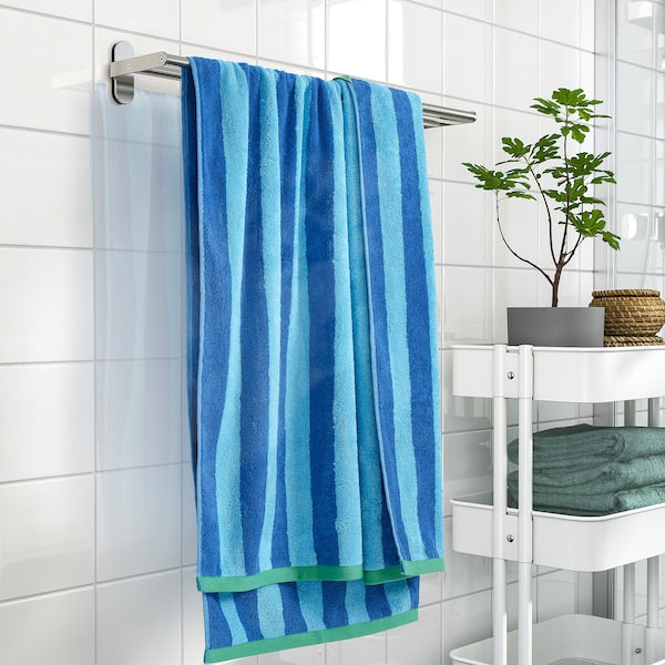 SLÅNHÖSTMAL - Bath sheet, bright blue/light blue striped, 100x150 cm