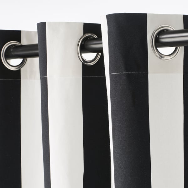 SLÅNHÖSTMAL curtains, 1 pair, white/black stripe/with eyelets, 145x300 cm