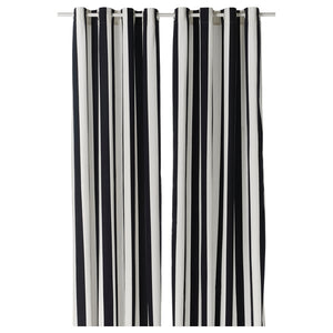 SLÅNHÖSTMAL curtains, 1 pair, white/black stripe/with eyelets, 145x300 cm