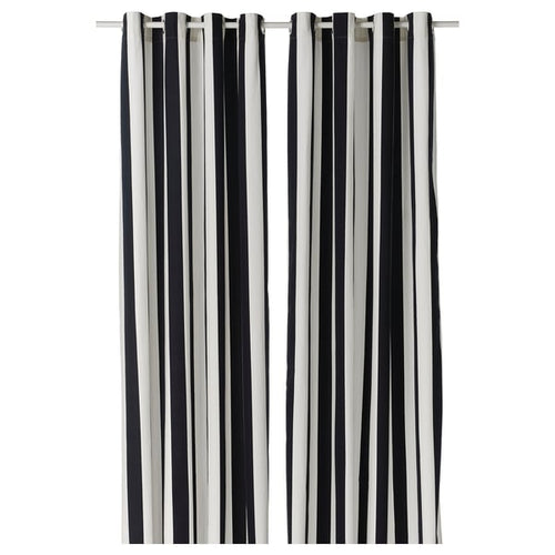 SLÅNHÖSTMAL curtains, 1 pair, white/black stripe/with eyelets, 145x300 cm