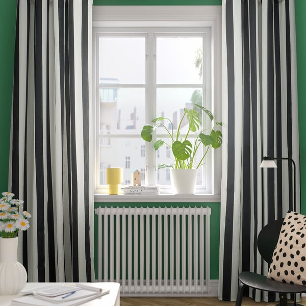SLÅNHÖSTMAL curtains, 1 pair, white/black stripe/with eyelets, 145x300 cm