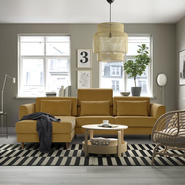 SLATORP 3-seat sofa with chaise longue, Hakebo yellow-brown, 256x75x95 cm