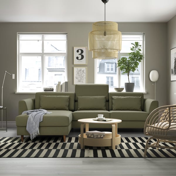 SLATORP 3-seat sofa with chaise longue, Vissle yellow-green, 256x75x95 cm