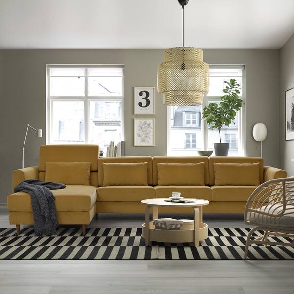 SLATORP 4-seat sofa with chaise longue, Hakebo yellow-brown, 326x75x95 cm