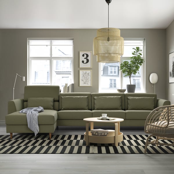 SLATORP 4-seat sofa with chaise longue, Vissle yellow-green, 326x75x95 cm
