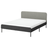 SLATTUM upholstered bed frame, Vissle dark grey/incl slipcover for headboard Öreryd grey/beige, 160x200 cm