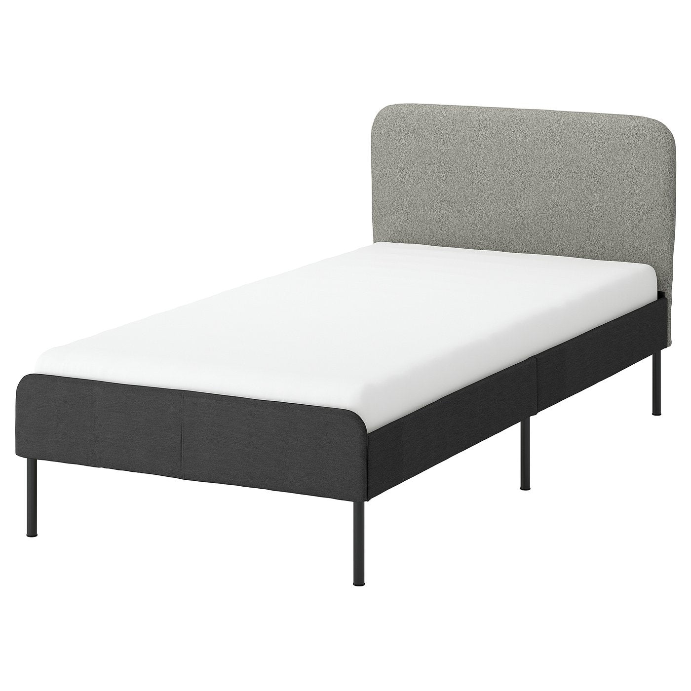 SLATTUM upholstered bed frame, Vissle dark grey/incl slipcover for headboard Öreryd grey/beige, 90x200 cm