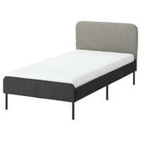 SLATTUM upholstered bed frame, Vissle dark grey/incl slipcover for headboard Öreryd grey/beige, 90x200 cm