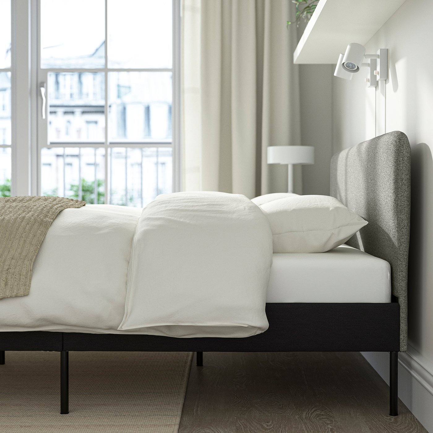 SLATTUM upholstered bed frame, Vissle dark grey/incl slipcover for headboard Öreryd grey/beige, 140x200 cm