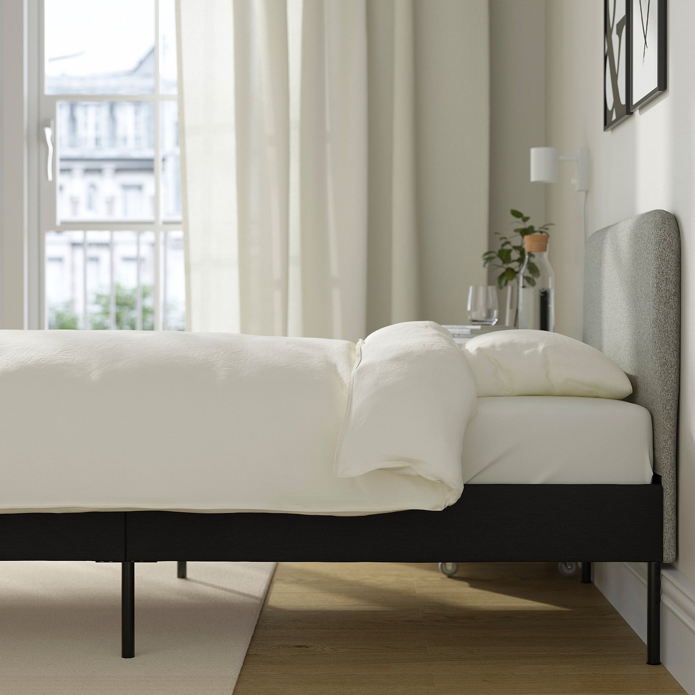 SLATTUM upholstered bed frame, Vissle dark grey/incl slipcover for headboard Öreryd grey/beige, 90x200 cm