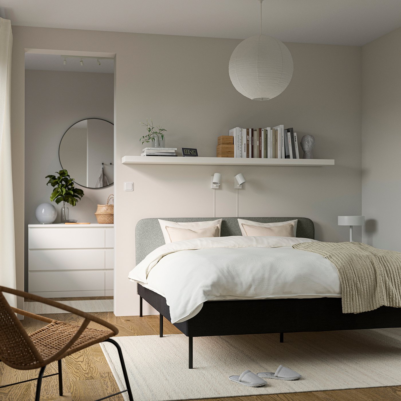SLATTUM upholstered bed frame, Vissle dark grey/incl slipcover for headboard Öreryd grey/beige, 140x200 cm