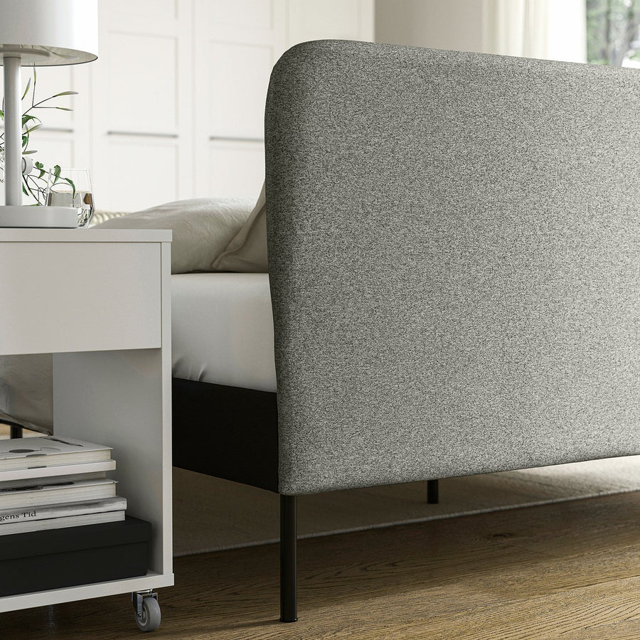 SLATTUM upholstered bed frame, Vissle dark grey/incl slipcover for headboard Öreryd grey/beige, 200x90 cm