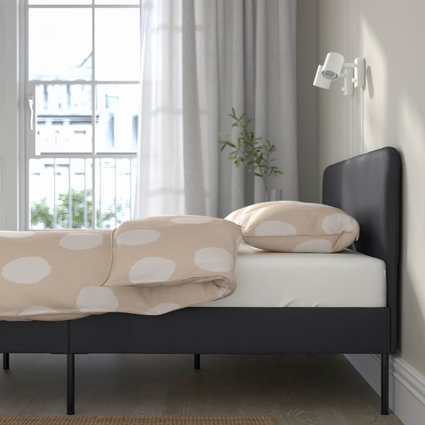 SLATTUM upholstered bed frame, Vissle dark grey, 140x200 cm