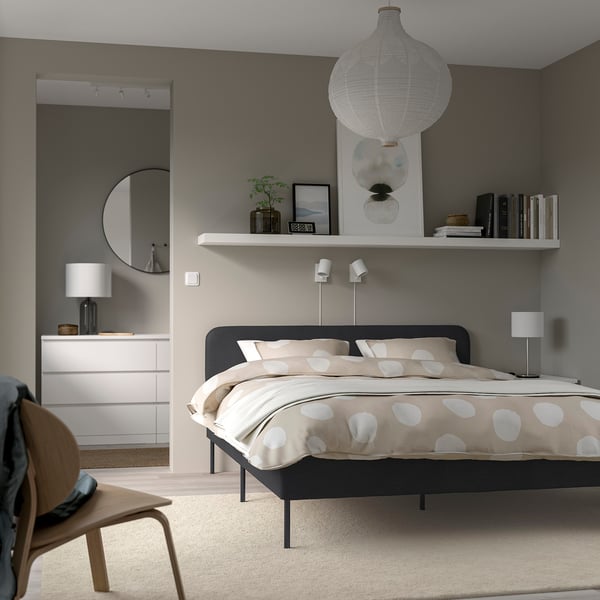 SLATTUM upholstered bed frame, Vissle dark grey, 140x200 cm