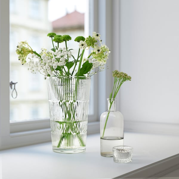 SMÄLLSPIREA vase, clear glass/patterned, 22 cm