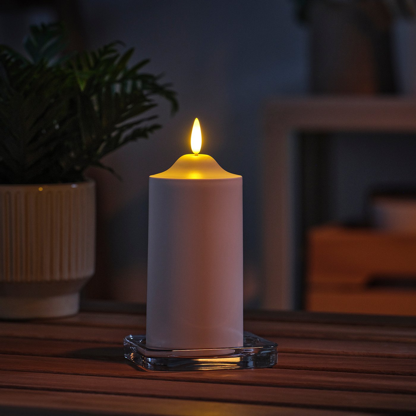 SMÅLOM LED pillar candle, battery-operated white, 14 cm