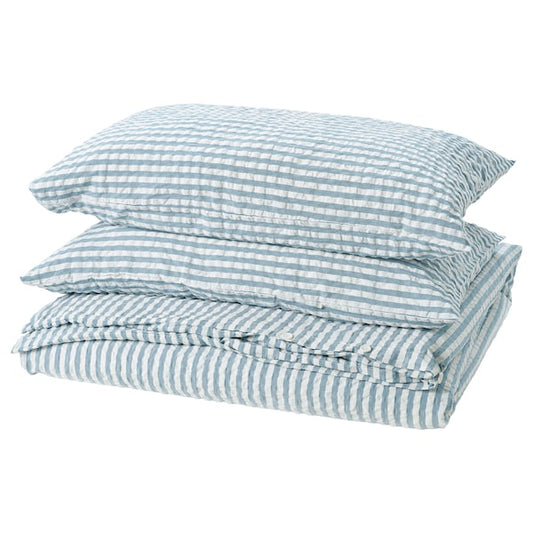 SMÅNUNNEÖRT - Duvet cover and 2 pillowcases, dark grey-blue white/striped, 240x220/50x80 cm