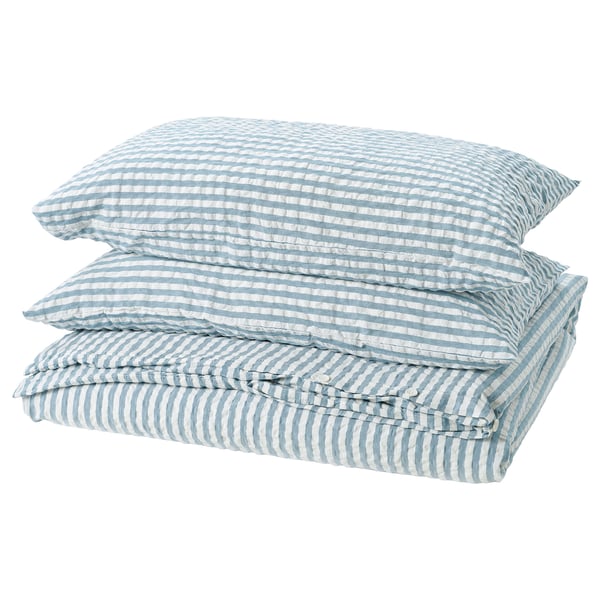 SMÅNUNNEÖRT - Duvet cover and 2 pillowcases, dark grey-blue white/striped, 240x220/50x80 cm