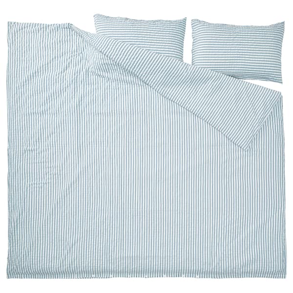 SMÅNUNNEÖRT - Duvet cover and 2 pillowcases, dark grey-blue white/striped, 240x220/50x80 cm