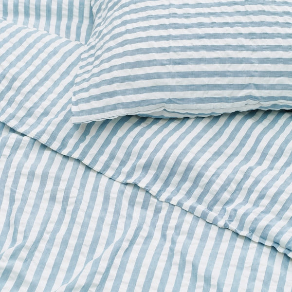 SMÅNUNNEÖRT - Duvet cover and 2 pillowcases, dark grey-blue white/striped, 240x220/50x80 cm