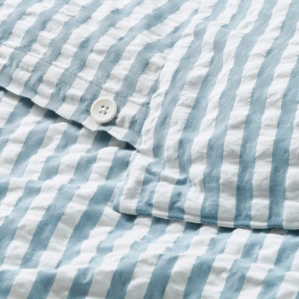 SMÅNUNNEÖRT - Duvet cover and 2 pillowcases, dark grey-blue white/striped, 240x220/50x80 cm
