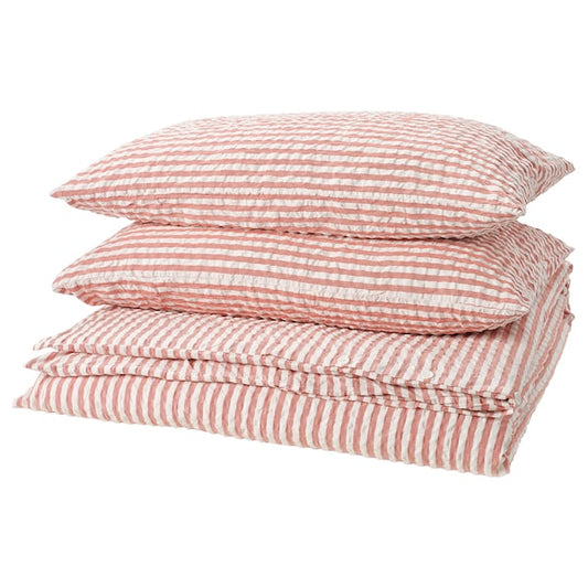 SMÅNUNNEÖRT - Duvet cover and 2 pillowcases, red-brown white/striped, 240x220/50x80 cm