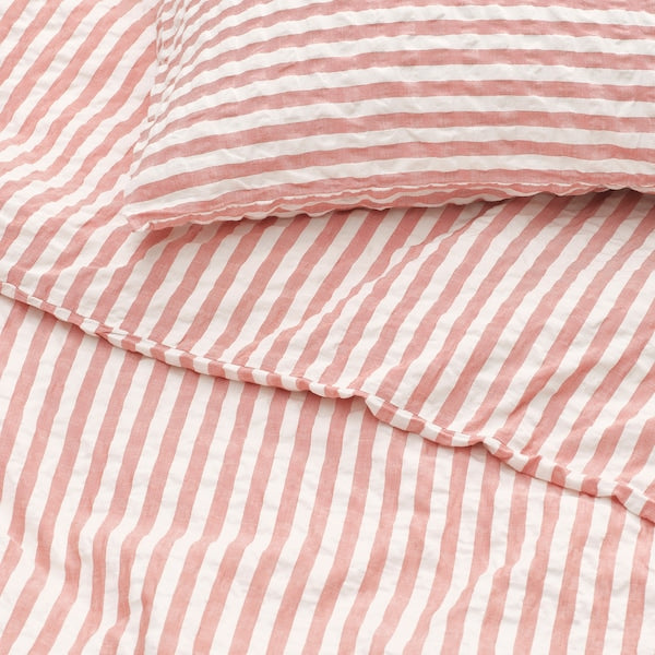 SMÅNUNNEÖRT - Duvet cover and 2 pillowcases, red-brown white/striped, 240x220/50x80 cm