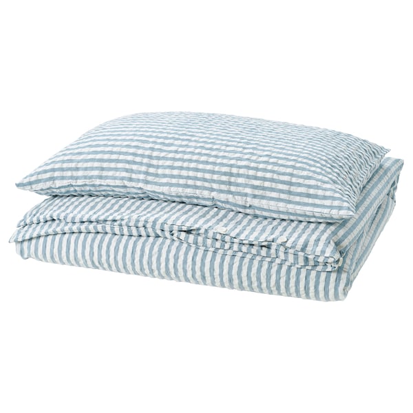 SMÅNUNNEÖRT - Duvet cover and pillowcase, dark grey-blue white/striped, 150x200/50x80 cm