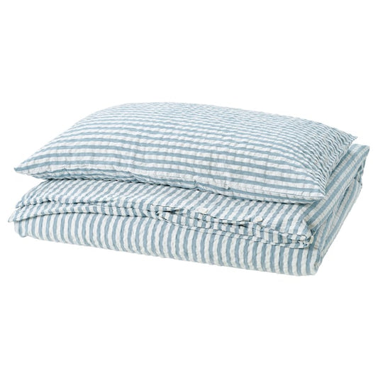 SMÅNUNNEÖRT - Duvet cover and pillowcase, dark grey-blue white/striped, 150x200/50x80 cm