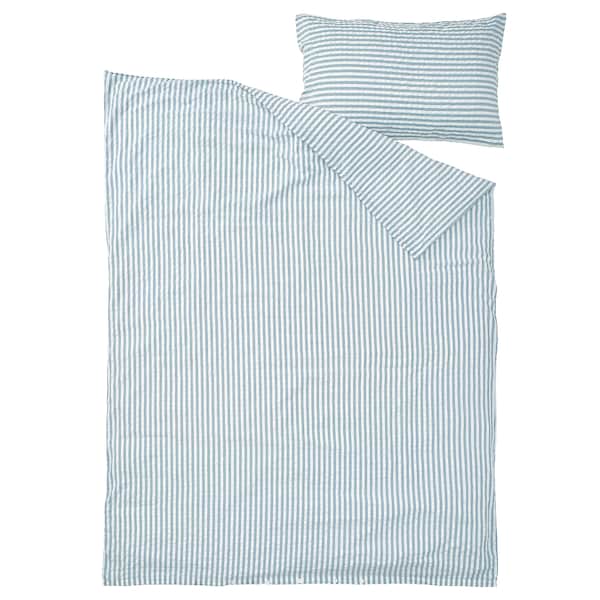SMÅNUNNEÖRT - Duvet cover and pillowcase, dark grey-blue white/striped, 150x200/50x80 cm
