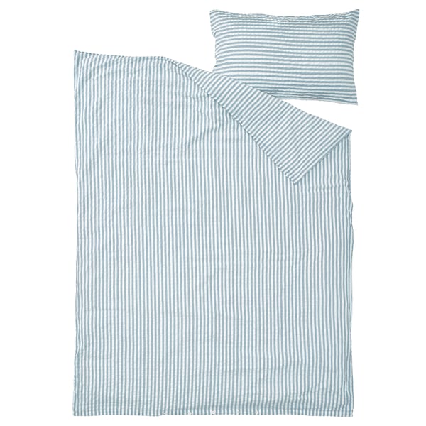 SMÅNUNNEÖRT - Duvet cover and pillowcase, dark grey-blue white/striped, 150x200/50x80 cm