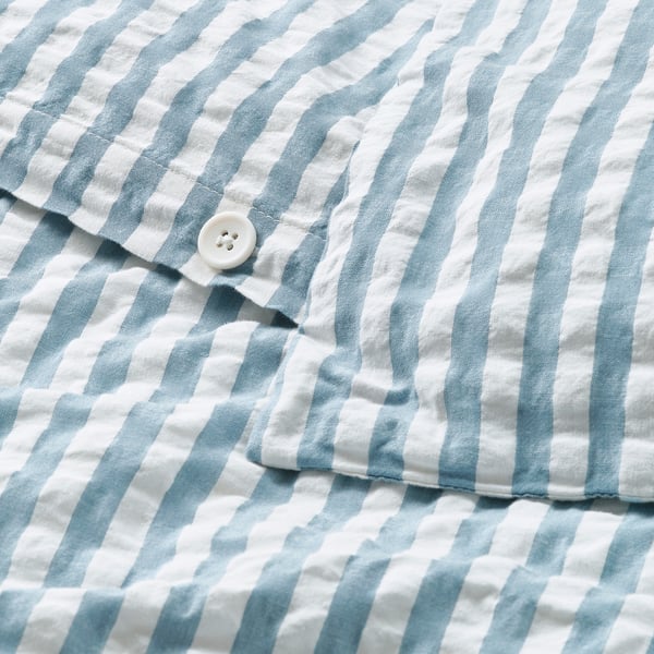 SMÅNUNNEÖRT - Duvet cover and pillowcase, dark grey-blue white/striped, 150x200/50x80 cm