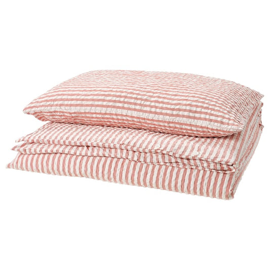 SMÅNUNNEÖRT - Duvet cover and pillowcase, red-brown white/striped, 150x200/50x80 cm