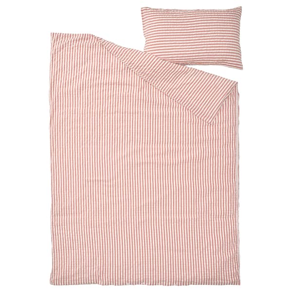 SMÅNUNNEÖRT - SMÅNUNNEÖRT Duvet cover and pillowcase, red-brown white/striped, 150x200/50x80 cm