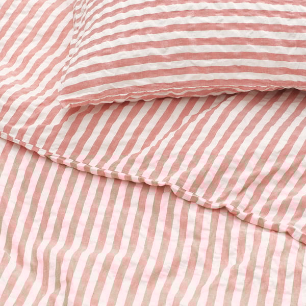 SMÅNUNNEÖRT - SMÅNUNNEÖRT Duvet cover and pillowcase, red-brown white/striped, 150x200/50x80 cm