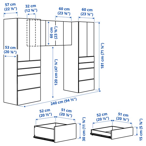 SMÅSTAD - Storage combination, white/grey, 240x57x181 cm