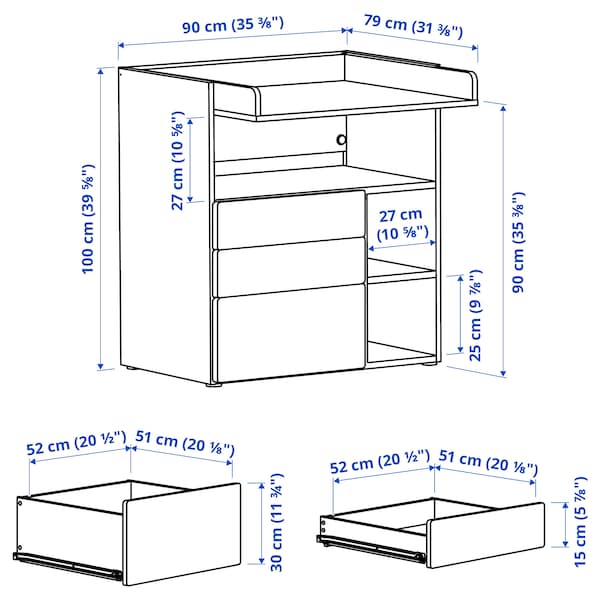 Ikea SMÅSTAD - Changing table, white birch/with 3 drawers, 90x79x100 cm