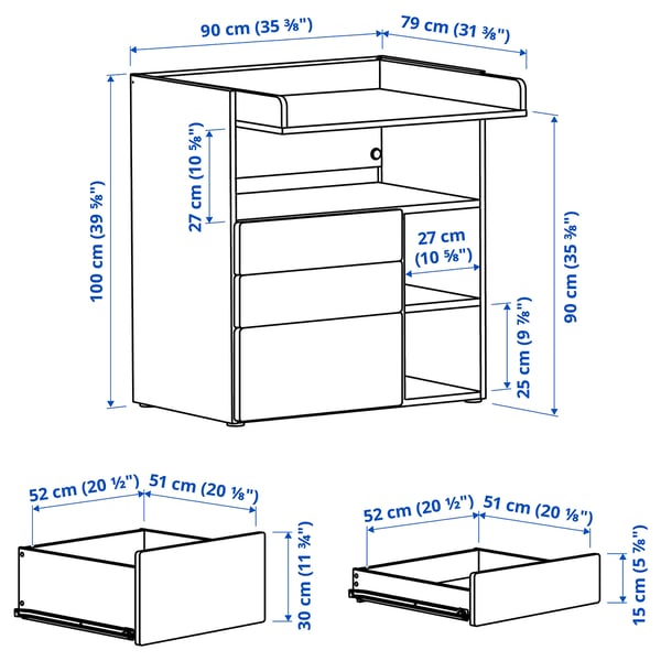 SMÅSTAD changing table, white birch/with 3 drawers, 90x79x100 cm