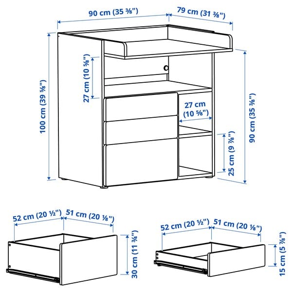 Ikea SMÅSTAD - Changing table, white blue/with 3 drawers, 90x79x100 cm