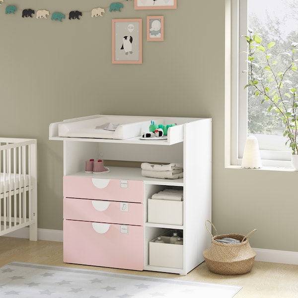 SMÅSTAD - Changing table, pale pink/with 3 drawers, 90x79x100 cm