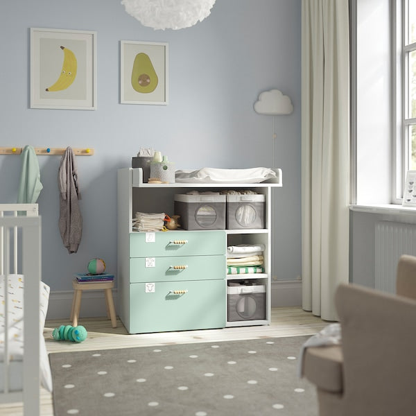 SMÅSTAD - Changing table, white light green/with 3 drawers, 90x79x100 cm