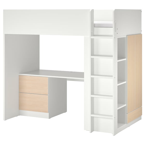 SMÅSTAD loft bed, white birch/with desk with 3 drawers, 90x200 cm