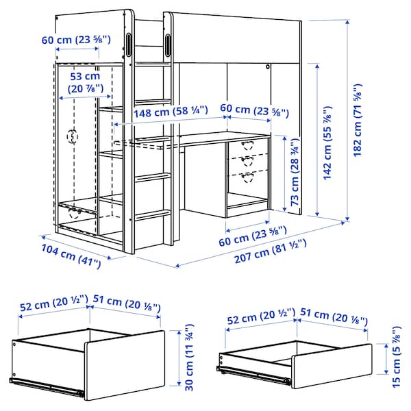 Ikea SMÅSTAD - Loft bed, white birch/with desk with 3 drawers, 90x200 cm