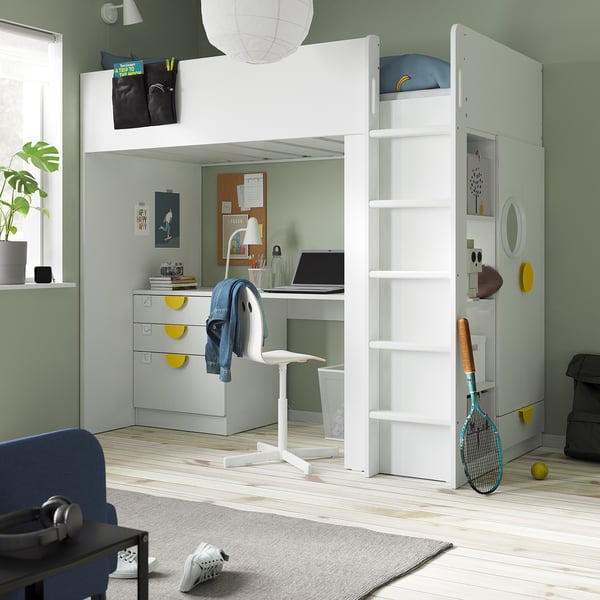 SMÅSTAD loft bed, white white/with desk with 2 shelves, 90x200 cm
