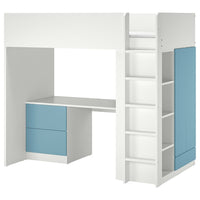 SMÅSTAD - Loft bed, white blue/with desk with 3 drawers, 90x200 cm