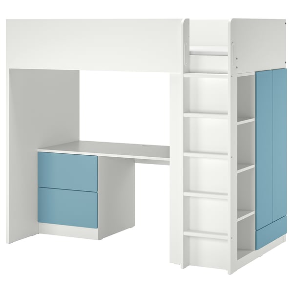 SMÅSTAD loft bed, white blue/with desk with 3 drawers, 90x200 cm
