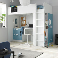 SMÅSTAD - Loft bed, white blue/with desk with 3 drawers, 90x200 cm