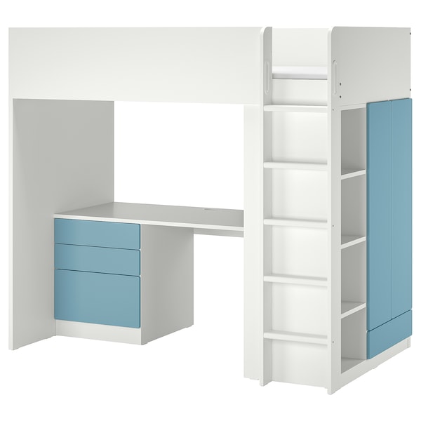 SMÅSTAD - Loft bed, white blue/with desk with 4 drawers, 90x200 cm
