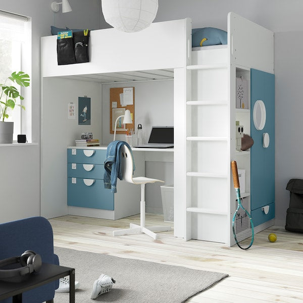 SMÅSTAD - Loft bed, white blue/with desk with 4 drawers, 90x200 cm