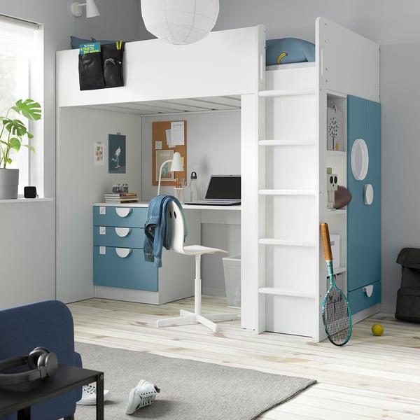 SMÅSTAD loft bed, white blue/with desk with 4 drawers, 90x200 cm